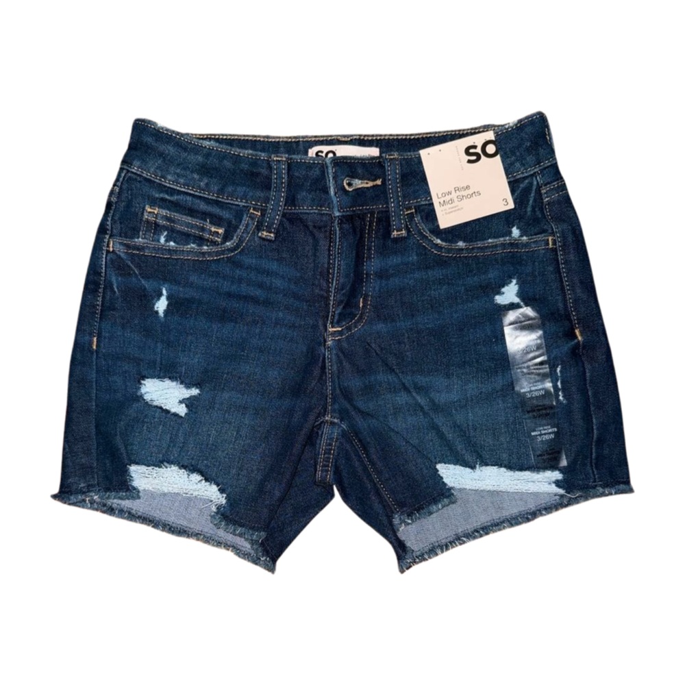 SO Juniors Denim Low Rise Midi Shorts Blue Size 3 NWT - Picture 1 of 2
